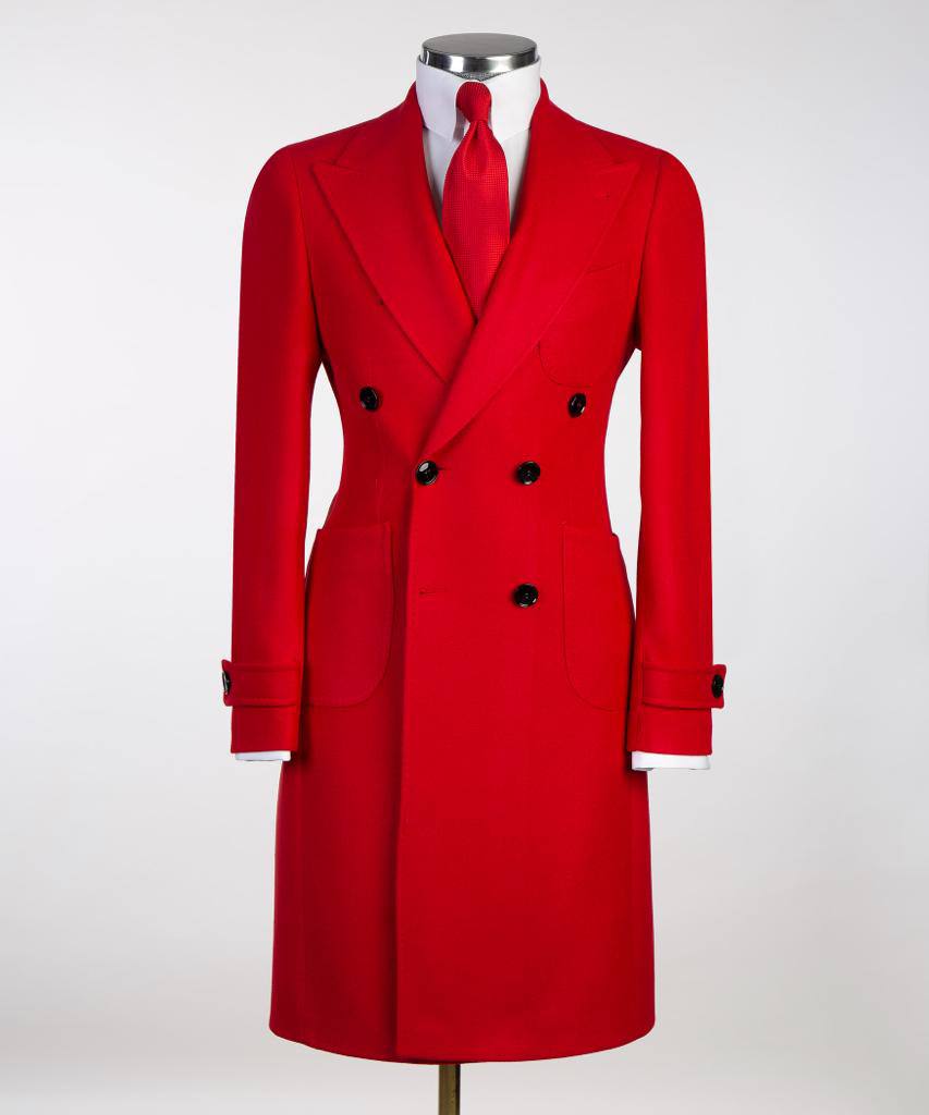 Vivid Scarlet Double Breasted Coat - front view - The Third Gentleman