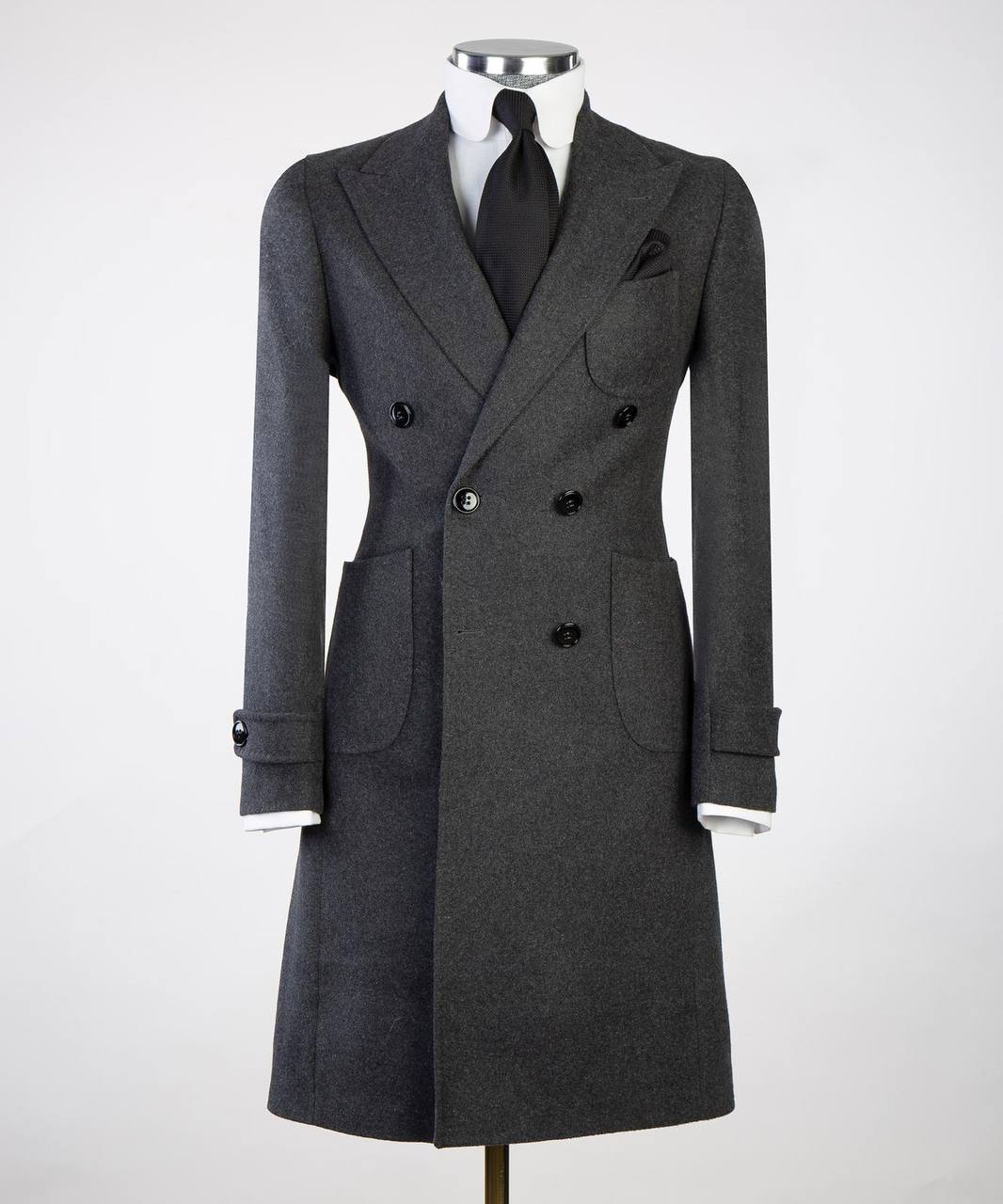 Charcoal Gray Double Breasted Coat - front view - The Third Gentleman