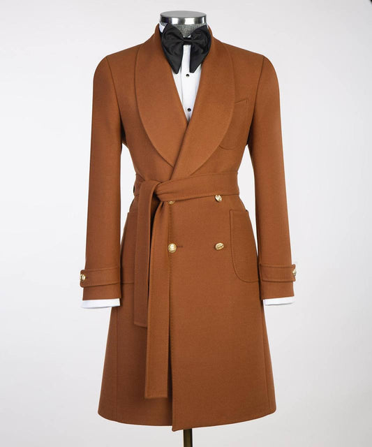 Chestnut Brown Double Breasted Coat - front view - The Third Gentleman