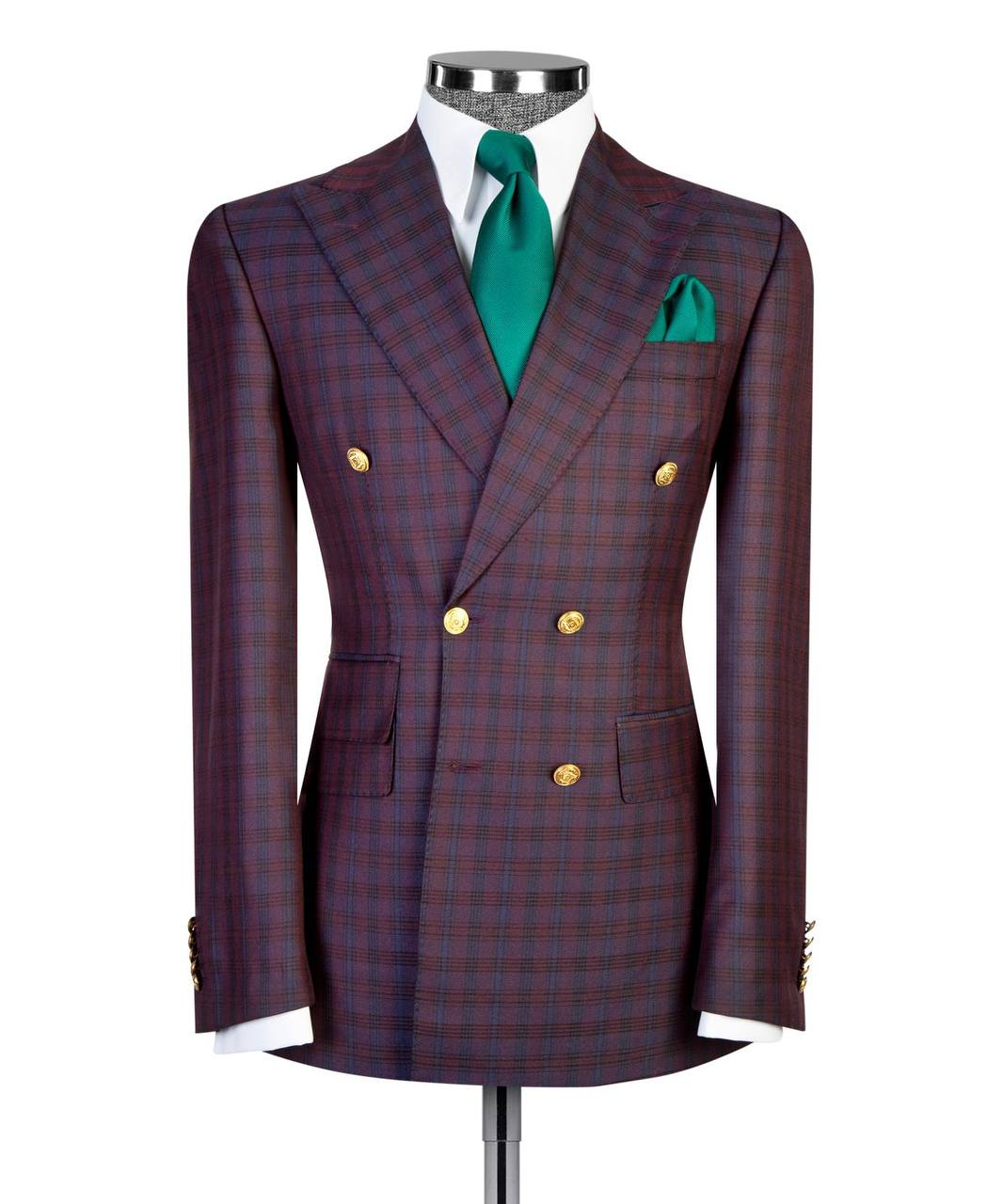 Burgundy & Navy Plaid Double Breasted Suit