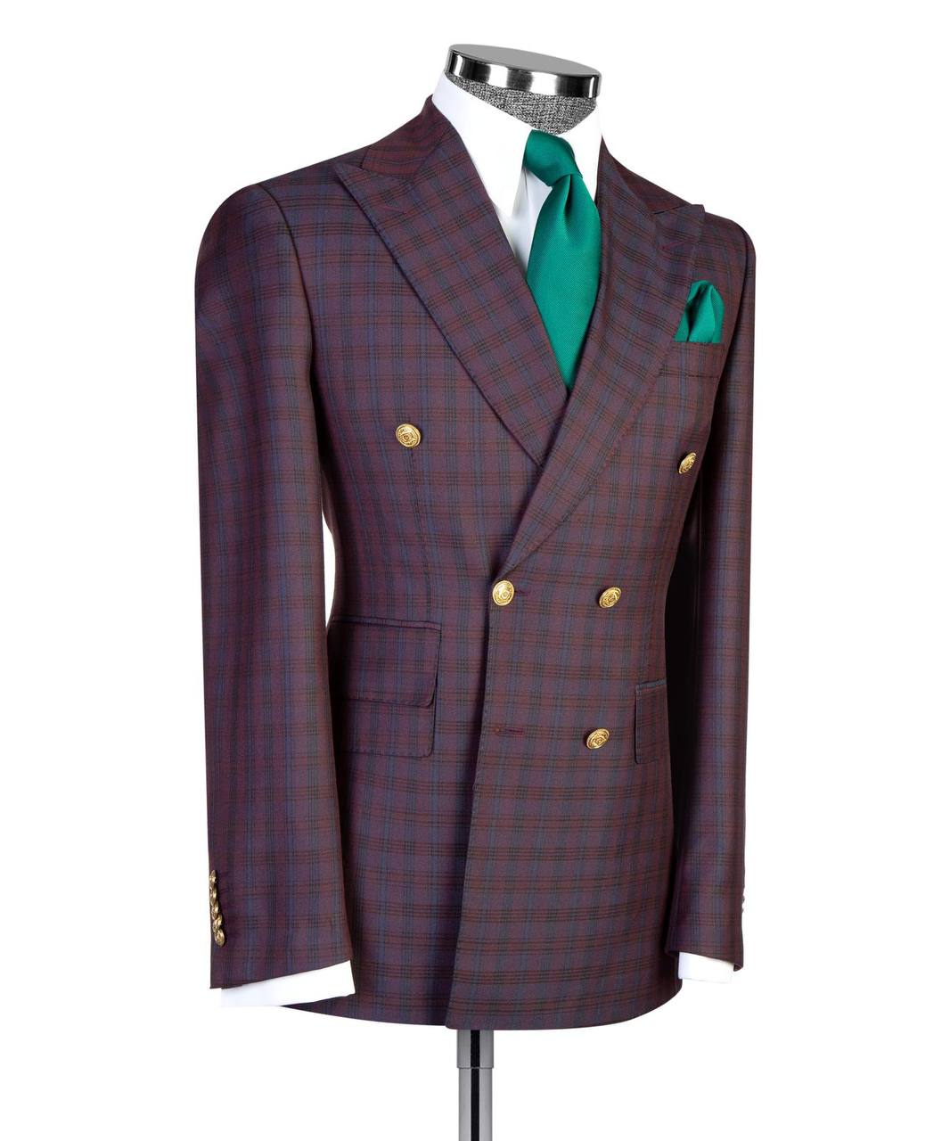 Burgundy & Navy Plaid Double Breasted Suit