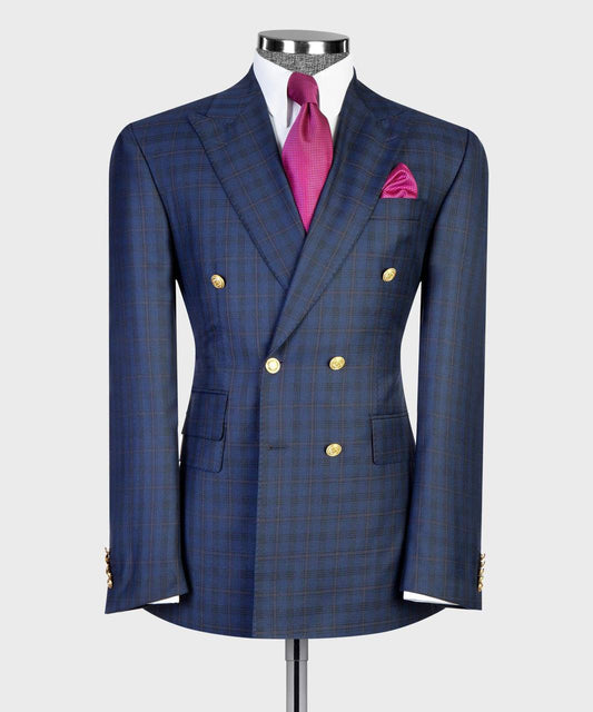 Navy Blue & Charcoal Plaid Double Breasted Suit