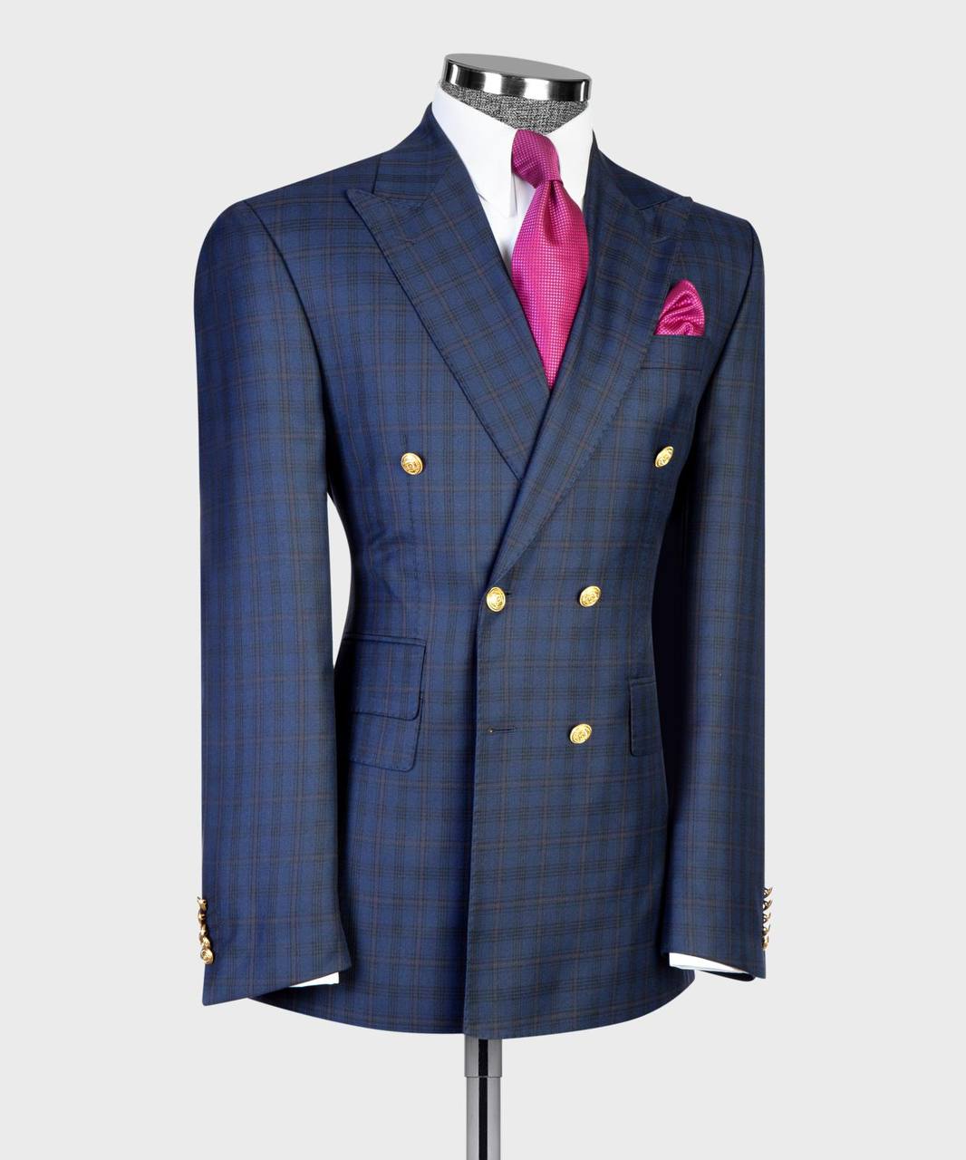 Navy Blue & Charcoal Plaid Double Breasted Suit