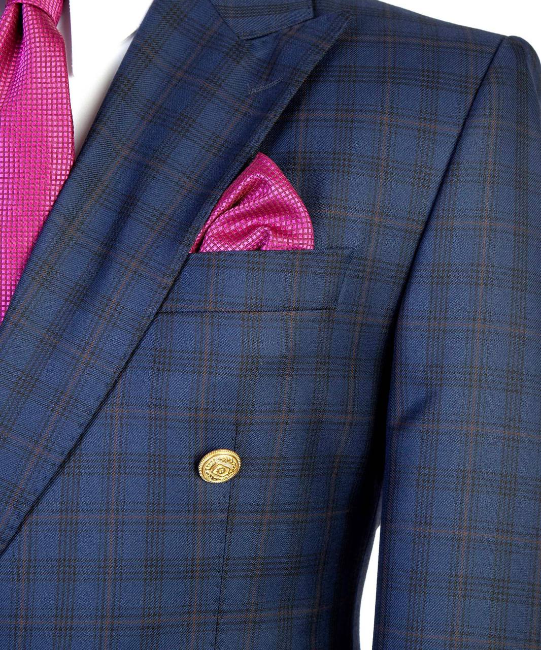 Navy Blue & Charcoal Plaid Double Breasted Suit