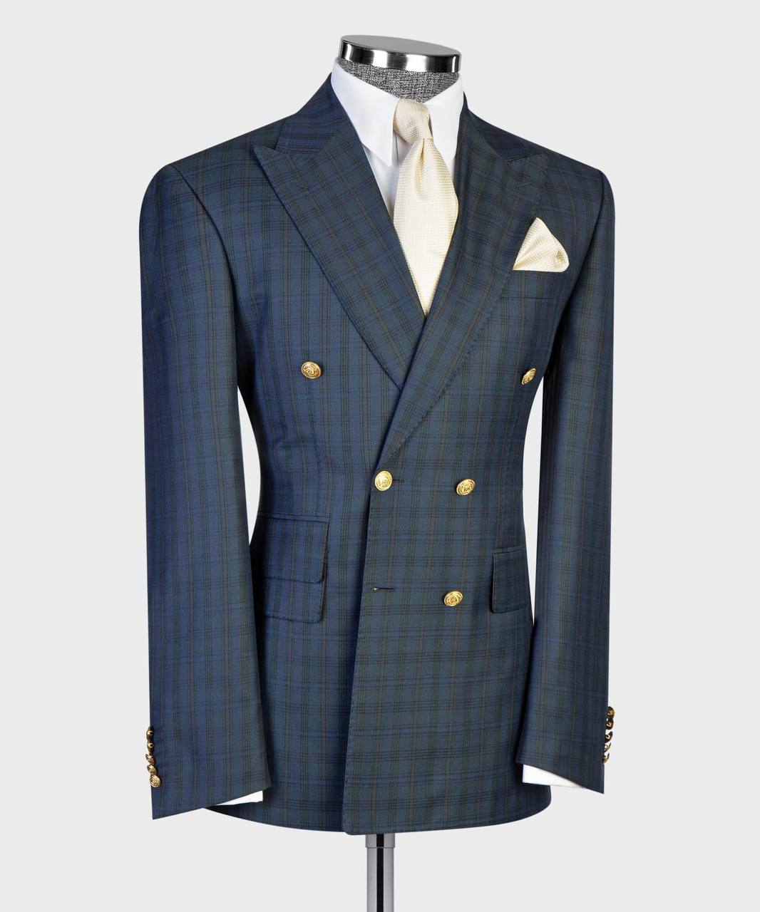 Forest Green & Navy Plaid Double Breasted Suit