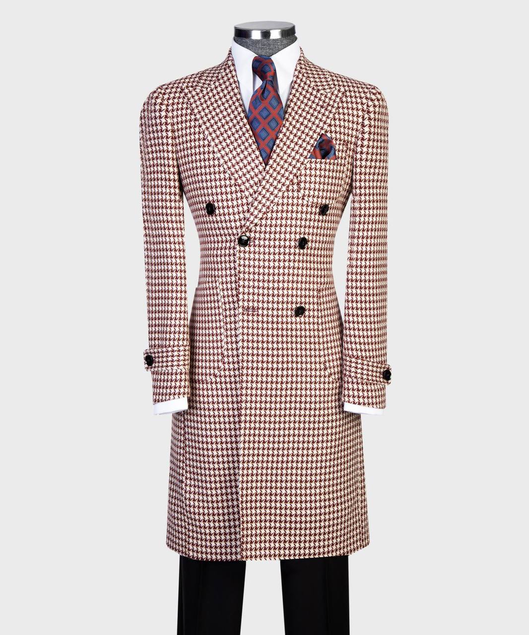 Burgundy Houndstooth Double-Breasted Overcoat