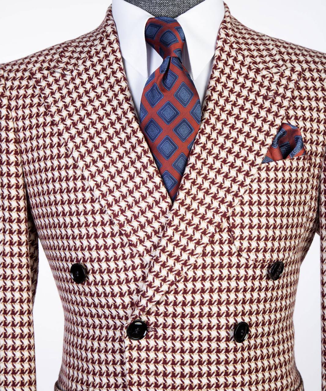 Burgundy Houndstooth Double-Breasted Overcoat