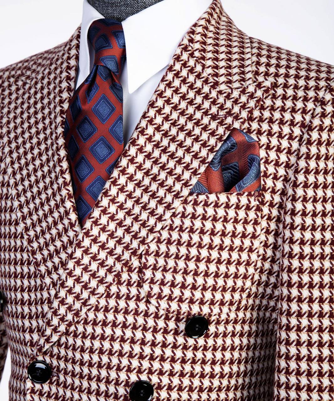 Burgundy Houndstooth Double-Breasted Overcoat