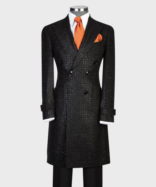 Black Textured Double-Breasted Overcoat