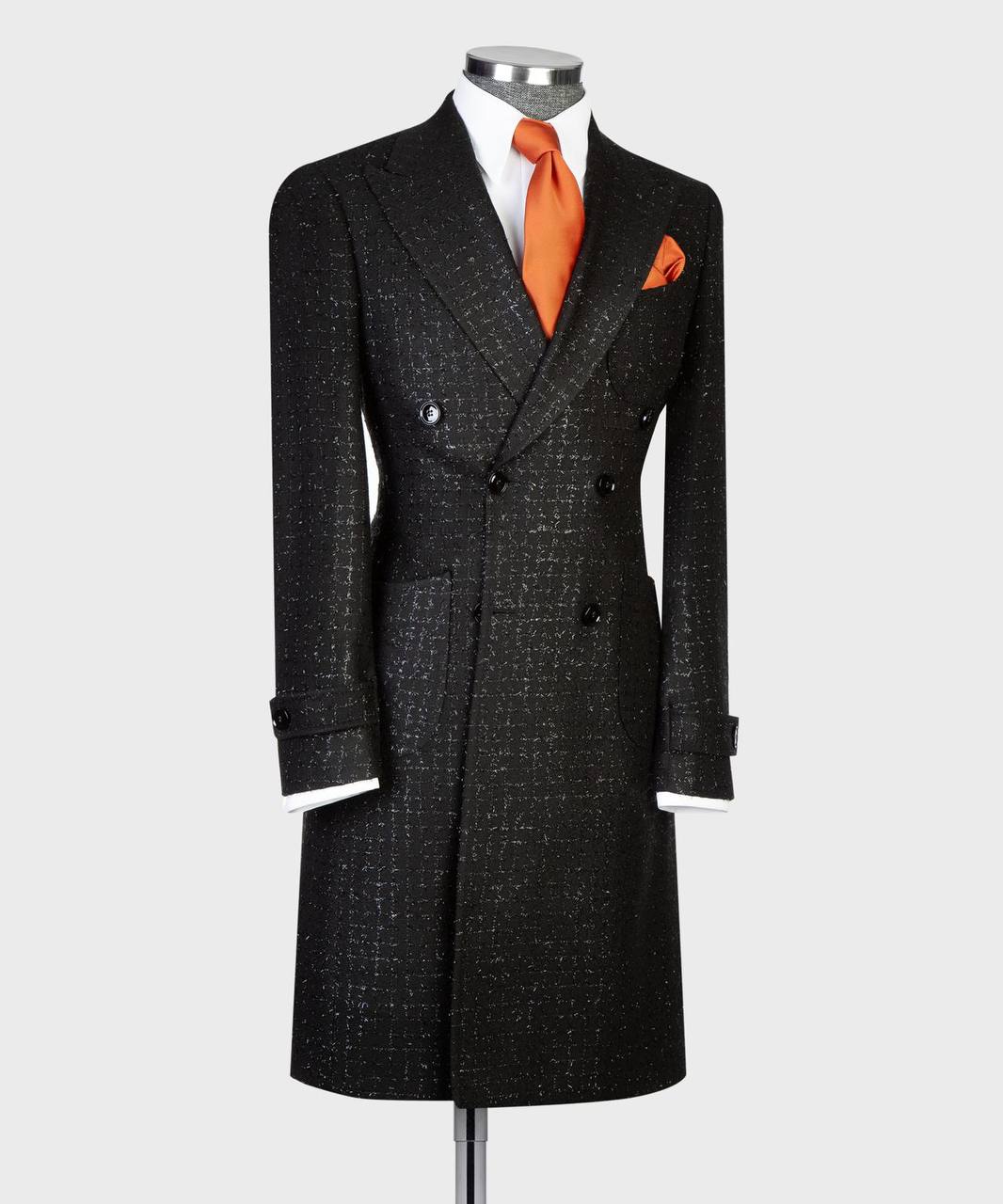 Black Textured Double-Breasted Overcoat