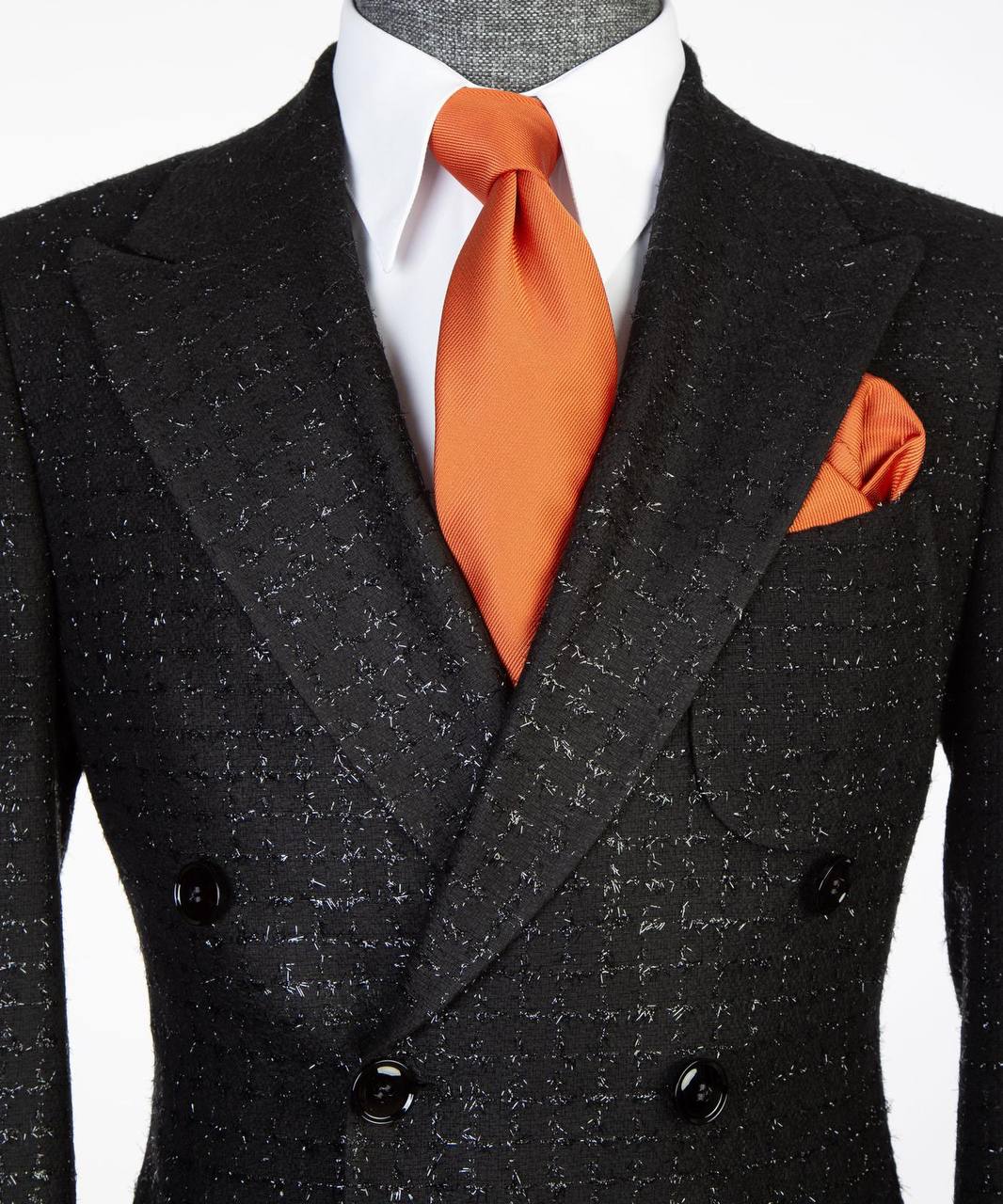 Black Textured Double-Breasted Overcoat