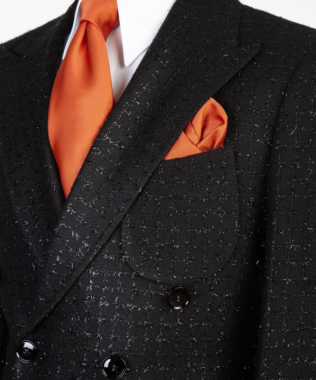 Black Textured Double-Breasted Overcoat