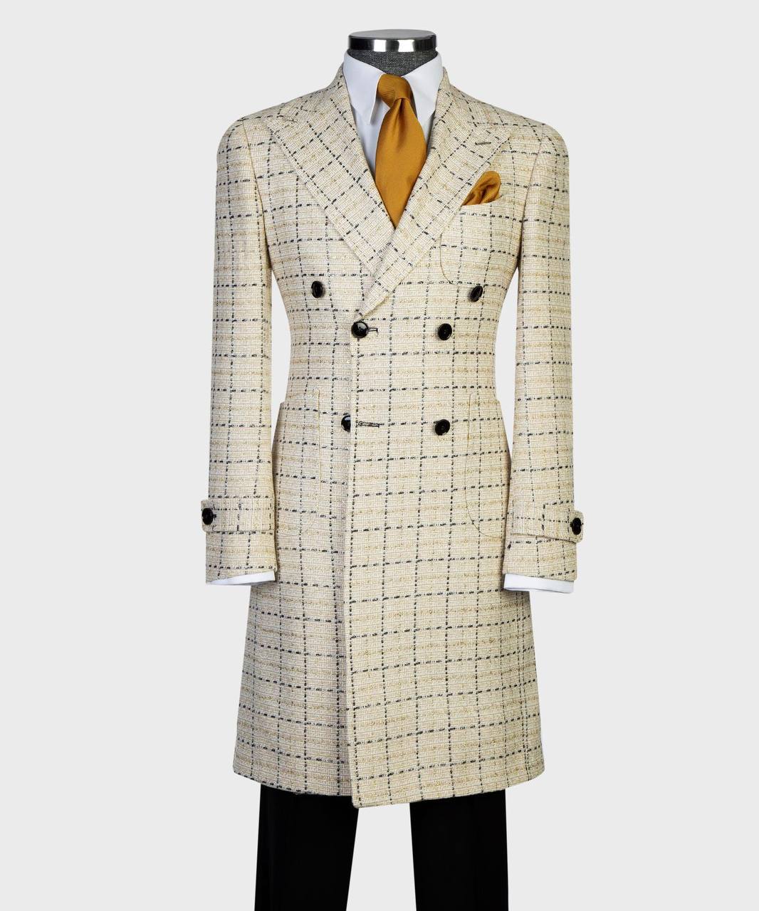 Sand Check Double-Breasted Overcoat - front view - The Third Gentleman