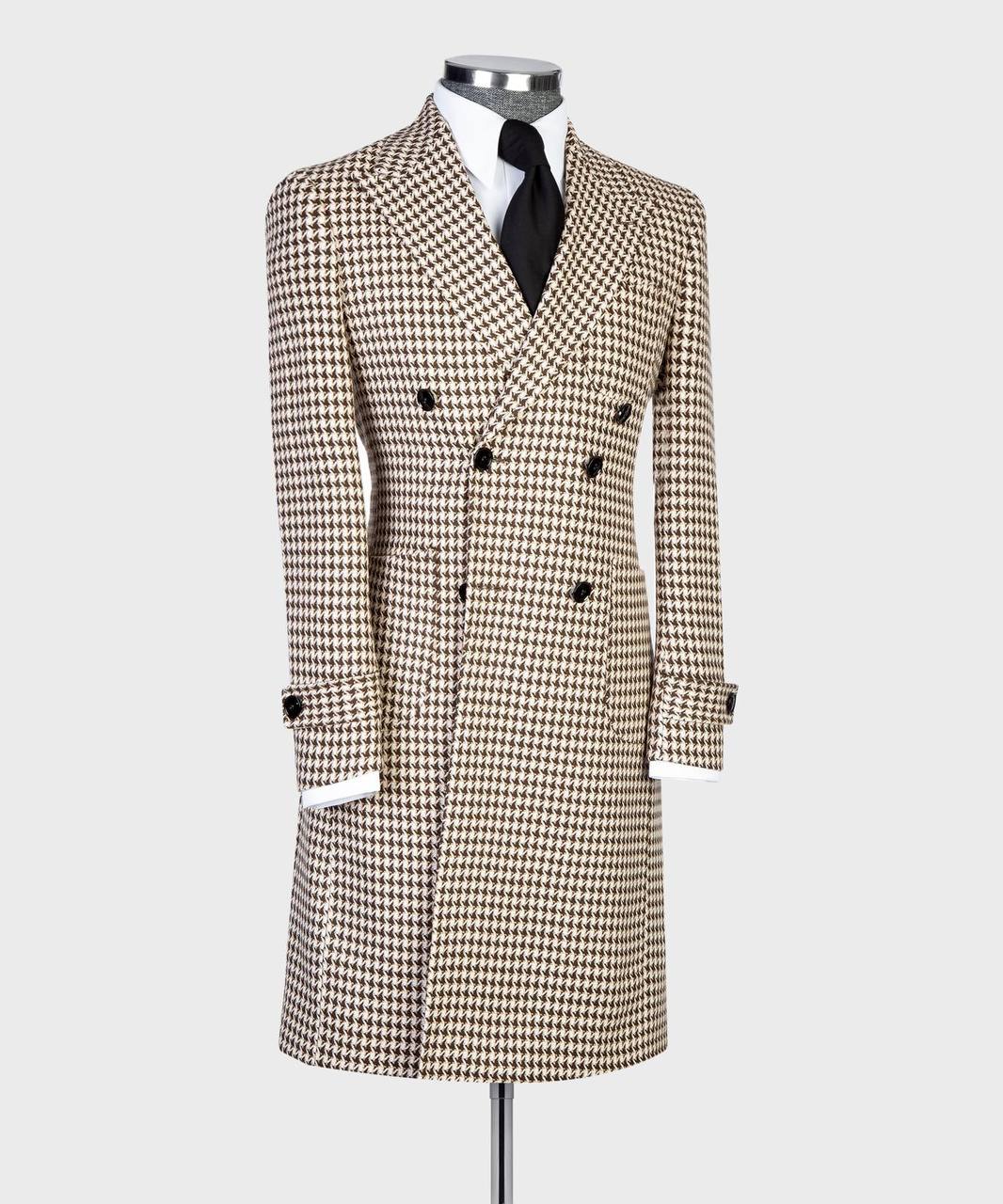 Camel Houndstooth Double-Breasted Overcoat