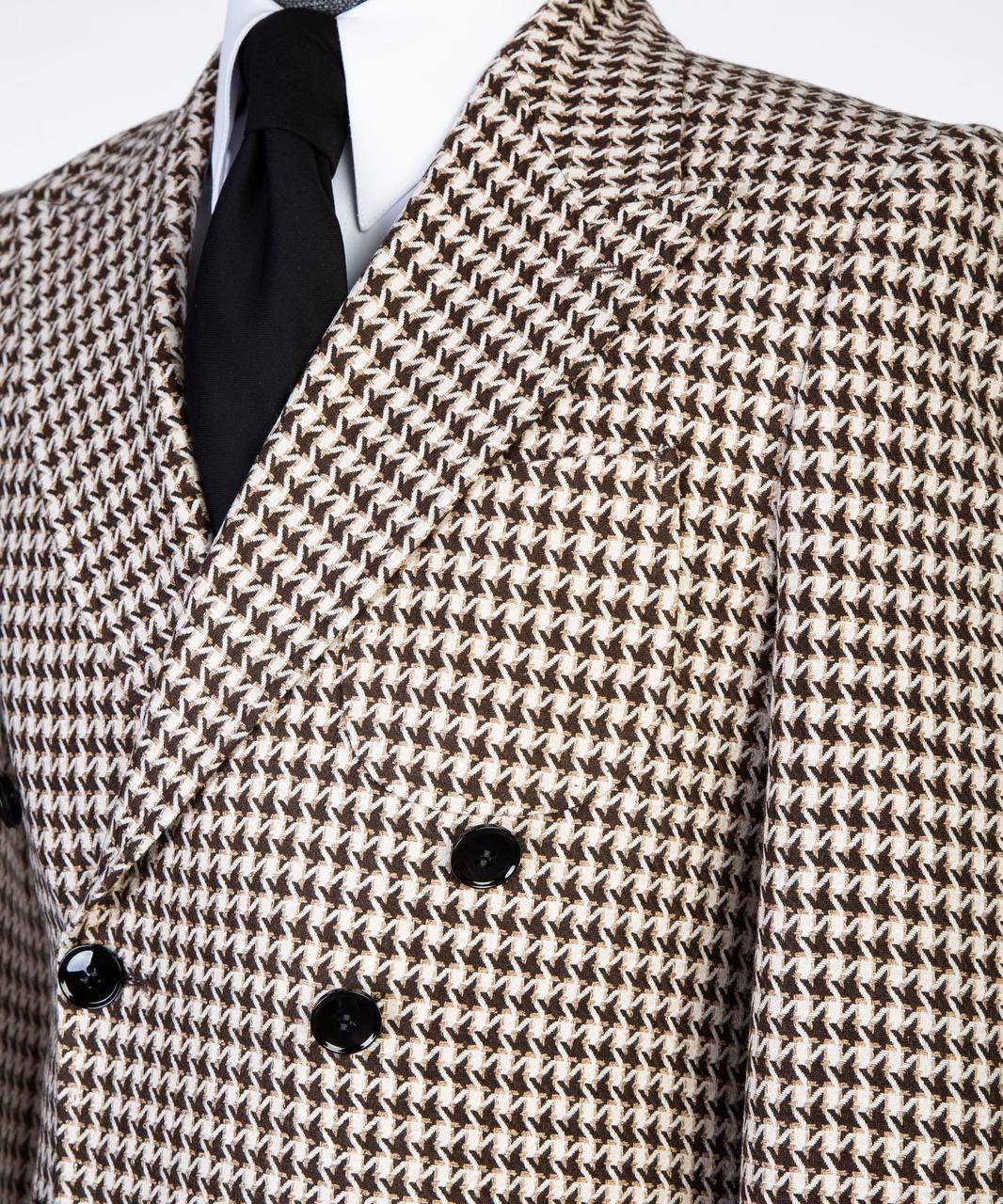 Camel Houndstooth Double-Breasted Overcoat