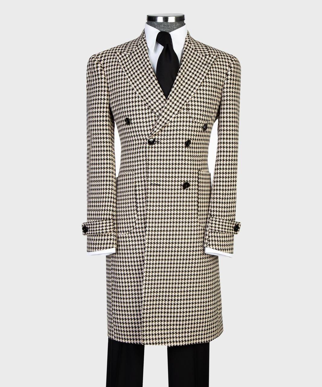 Camel Houndstooth Double-Breasted Overcoat