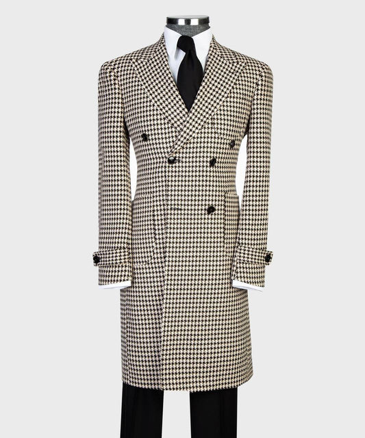 Camel Houndstooth Double-Breasted Overcoat
