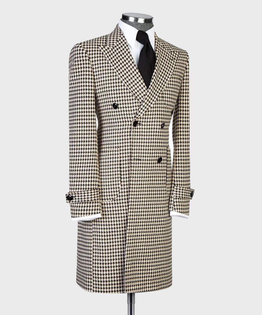 Cream Houndstooth Double-Breasted Overcoat