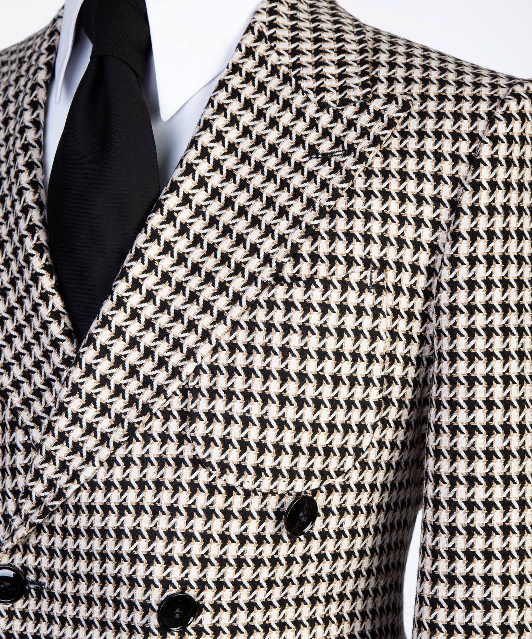 Cream Houndstooth Double-Breasted Overcoat