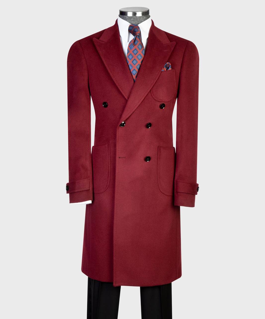 Wine Wool & Cashmere Double-Breasted Overcoat - front view - The Third Gentleman