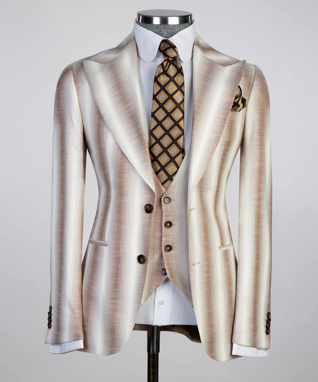 Champagne & Tan Striped Three-Piece Suit - front view - The Third Gentleman