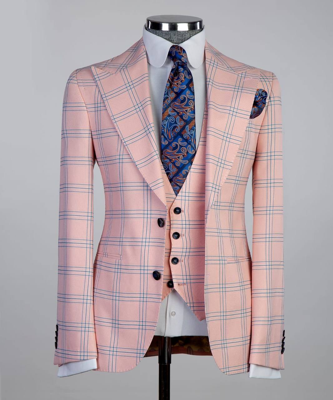Peach & Blue Check Three-Piece Suit - front view - The Third Gentleman