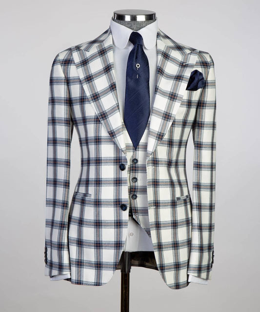 Ivory & Navy Plaid Three-Piece Suit