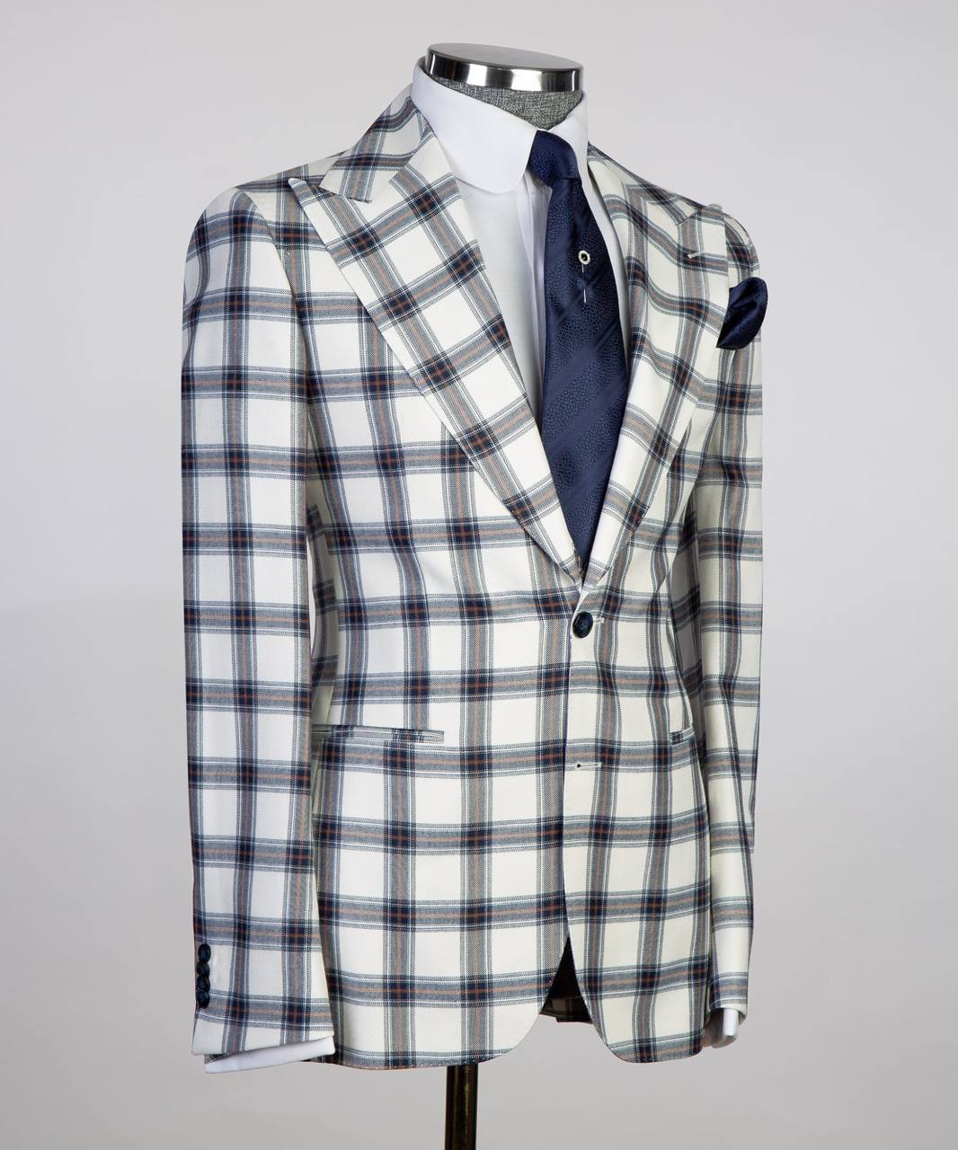 Ivory & Navy Plaid Three-Piece Suit