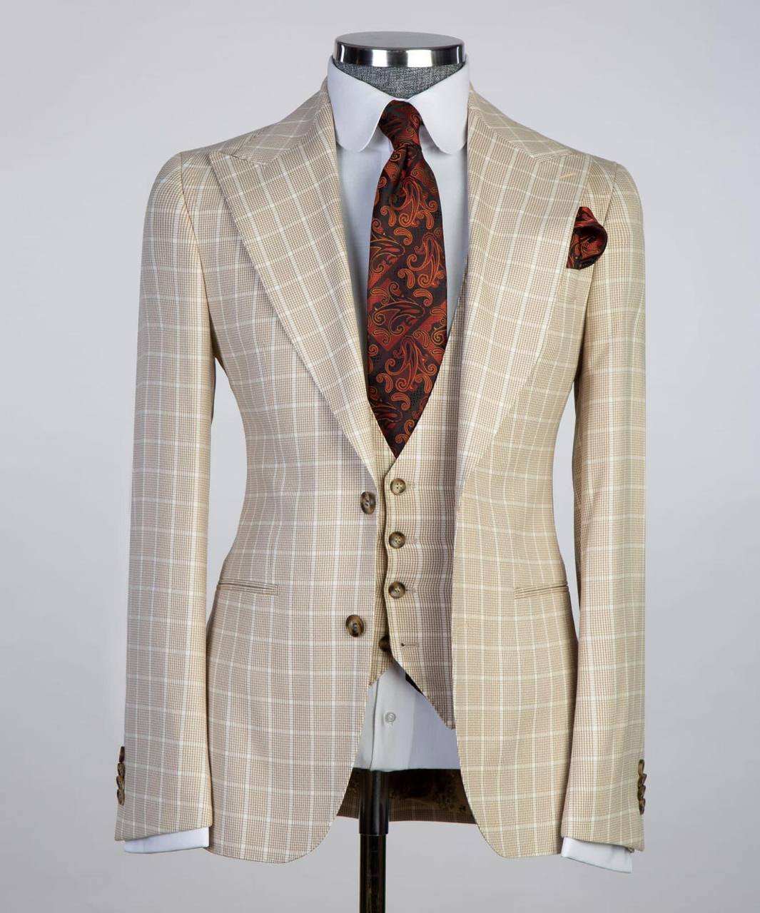 Beige & White Windowpane Three-Piece Suit