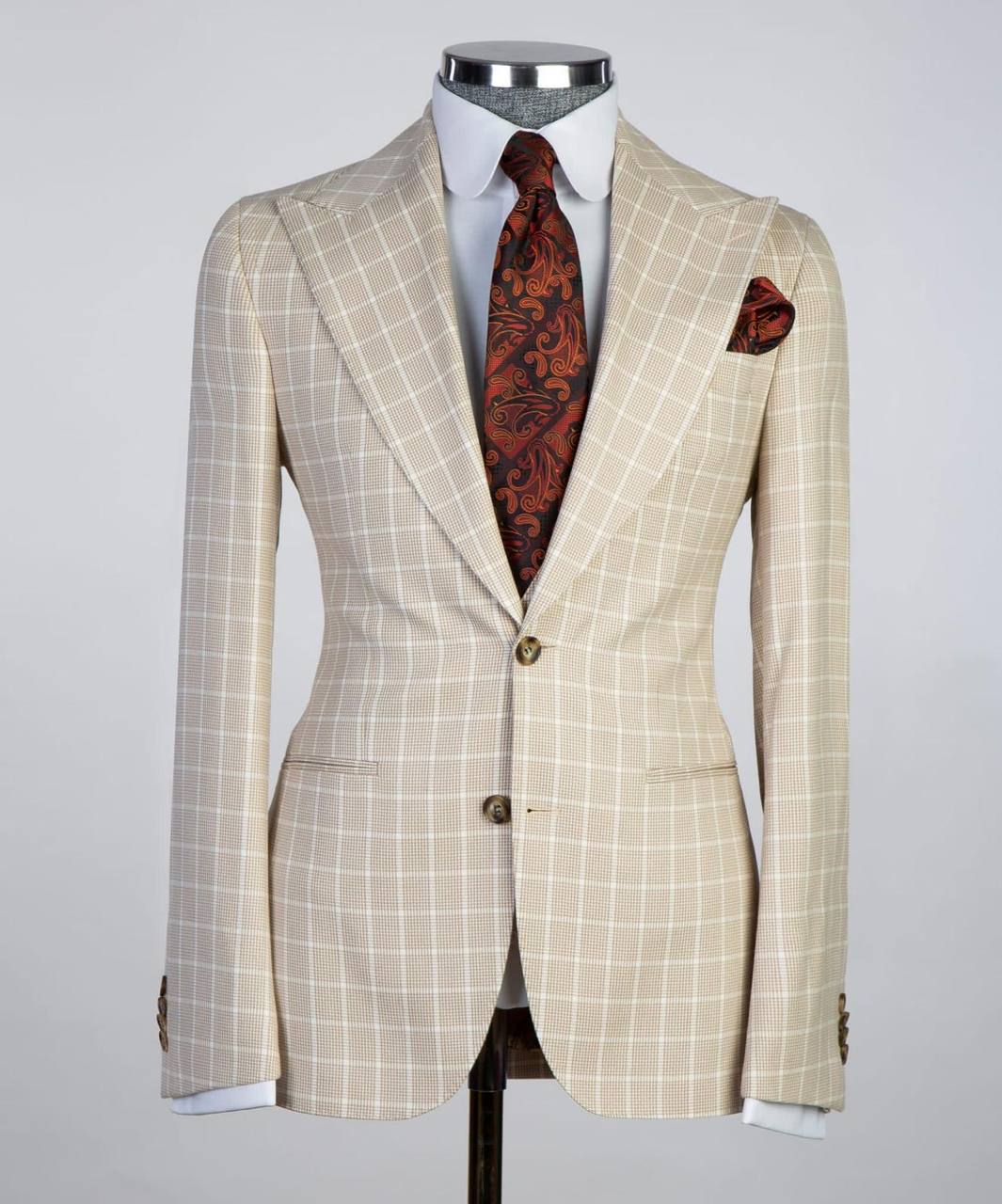 Beige & White Windowpane Three-Piece Suit