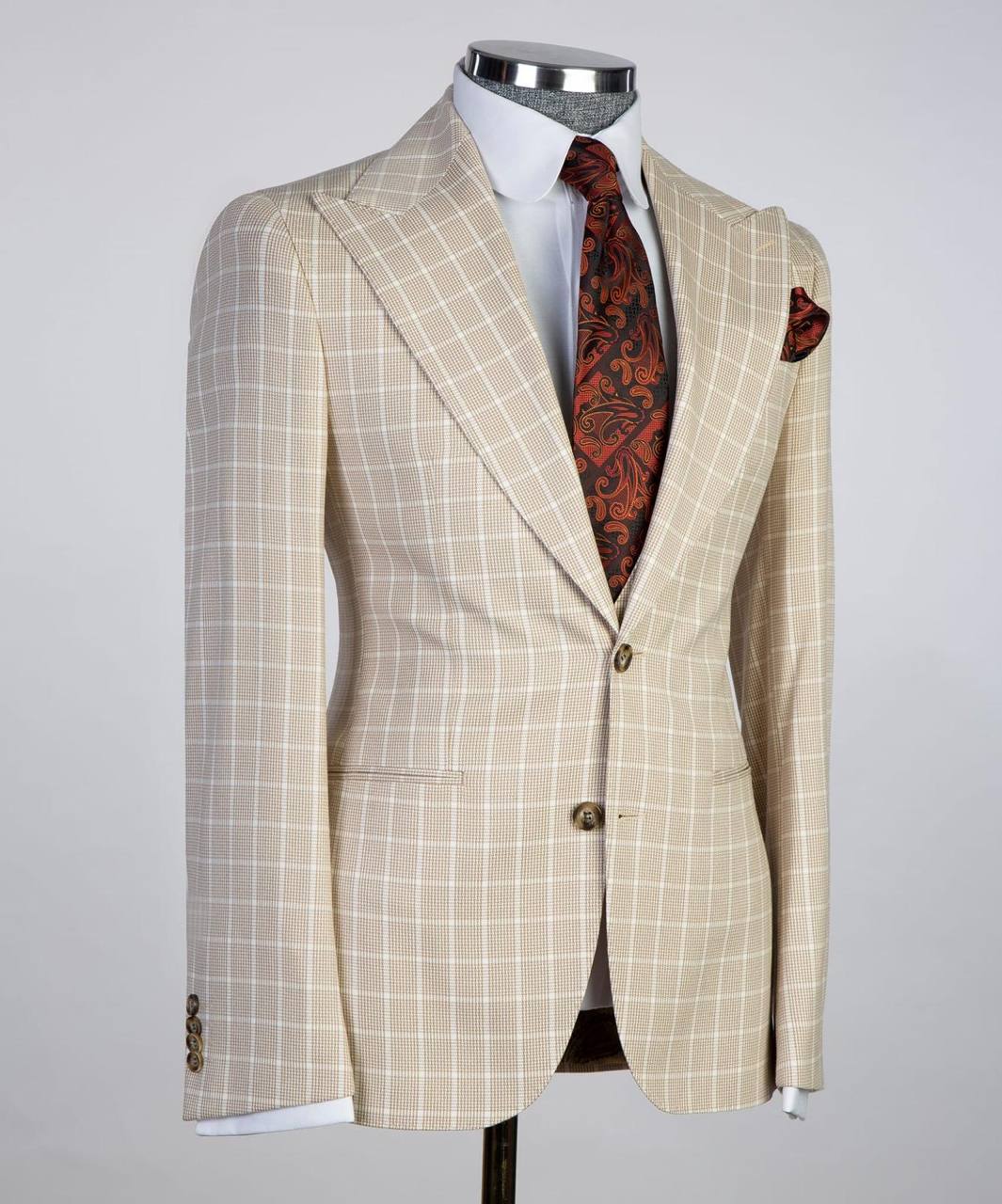 Beige & White Windowpane Three-Piece Suit