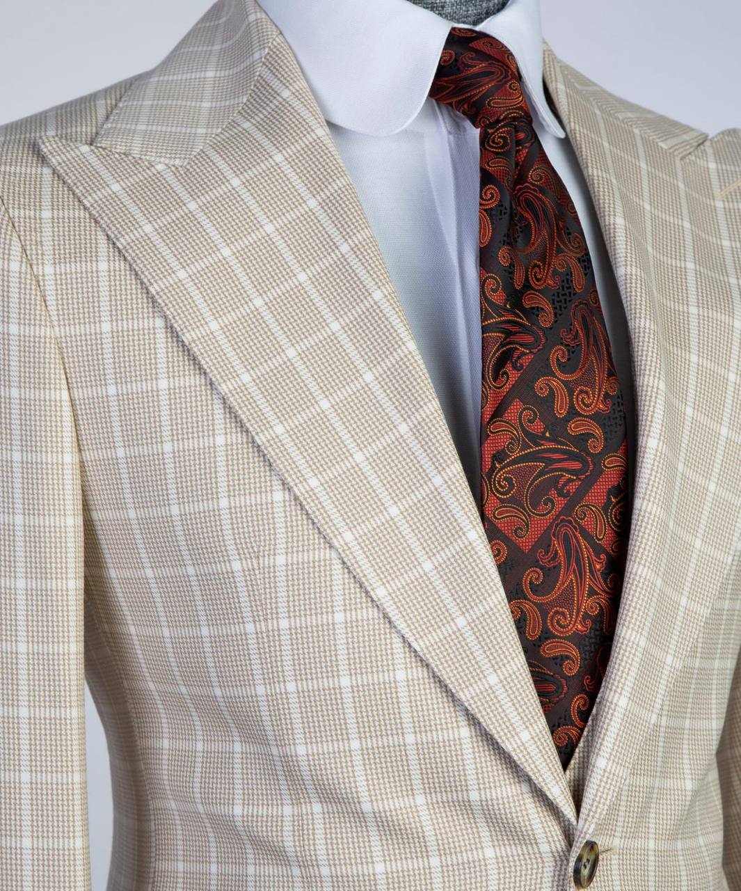 Beige & White Windowpane Three-Piece Suit