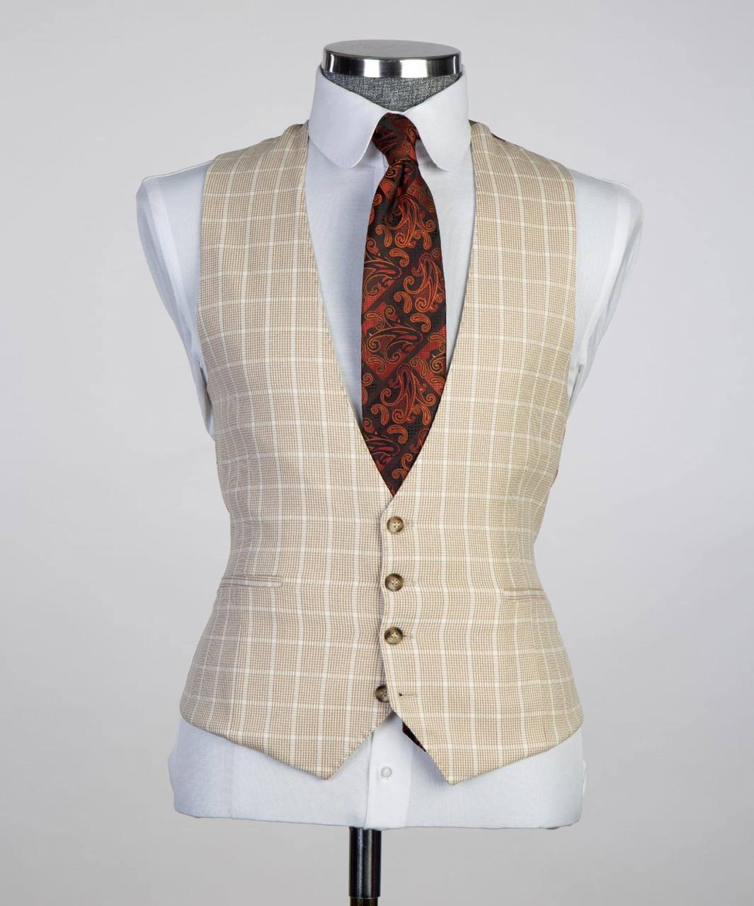 Beige & White Windowpane Three-Piece Suit