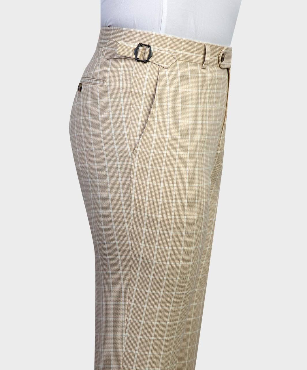 Beige & White Windowpane Three-Piece Suit