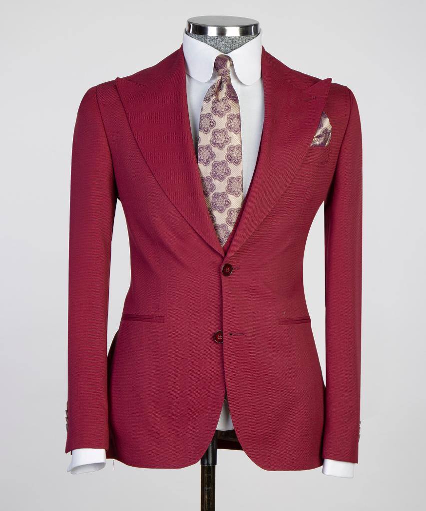 Ruby Red Textured Three-Piece Suit - front view - The Third Gentleman