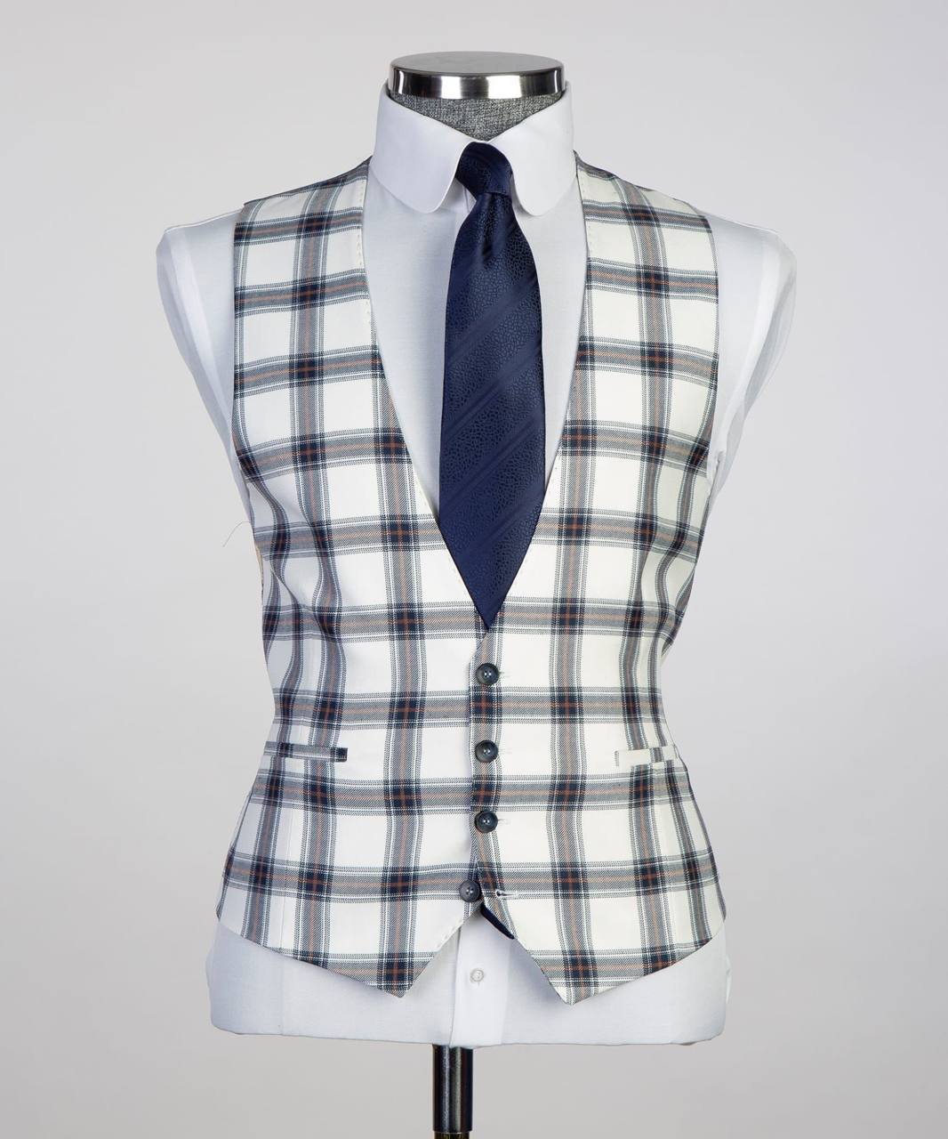 Ivory & Navy Plaid Three-Piece Suit