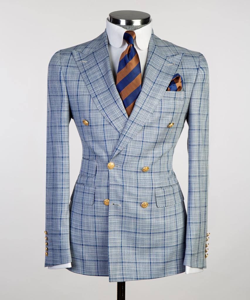 Azure Windowpane Double-Breasted Jacket - front view - The Third Gentleman