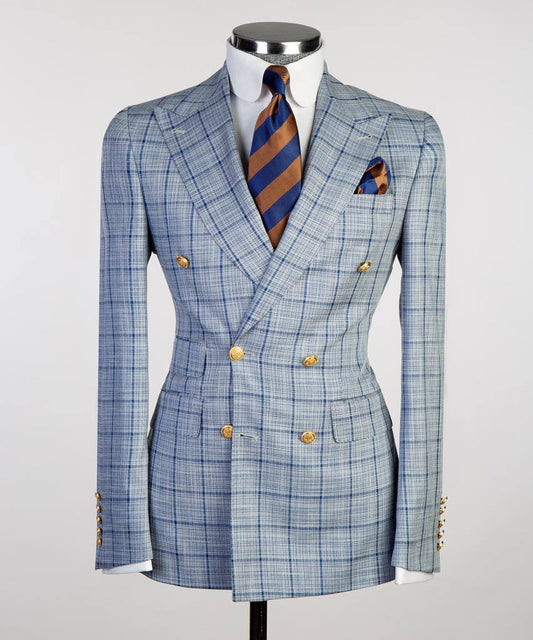 Azure Windowpane Double-Breasted Jacket - front view - The Third Gentleman