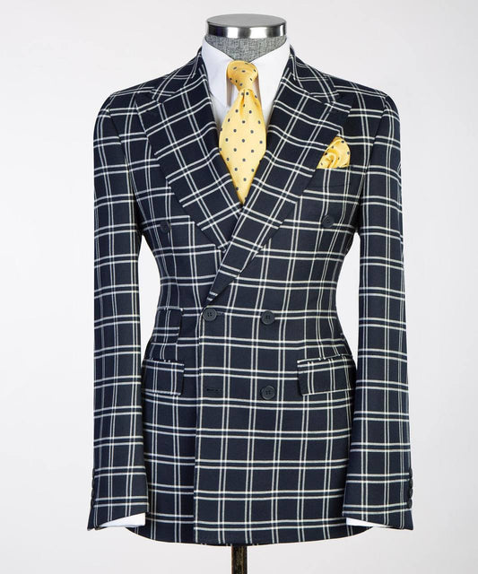 Navy Alabaster Grid Double-Breasted Jacket - front view - The Third Gentleman