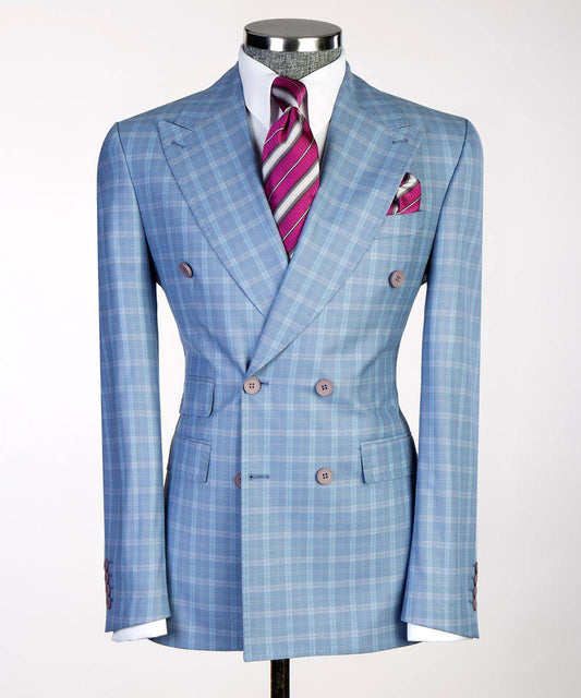 Cobalt Grid Double-Breasted Jacket - front view - The Third Gentleman