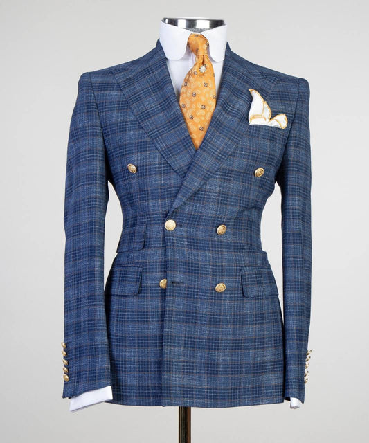 Deep Blue Grid Double-Breasted Jacket - front view - The Third Gentleman