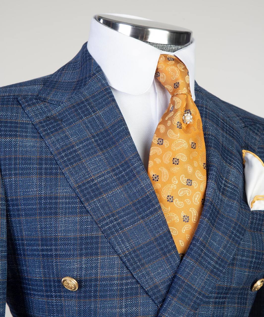 Deep Blue Grid Double-Breasted Jacket - detail view - The Third Gentleman