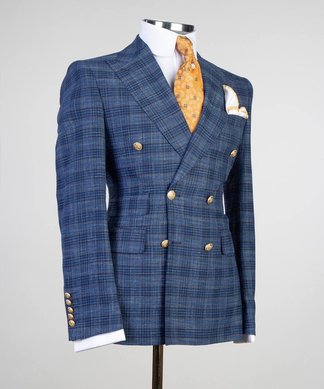 Deep Blue Grid Double-Breasted Jacket - alternate angle - The Third Gentleman