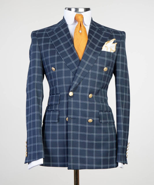 Slate Azure Grid Double-Breasted Jacket - front view - The Third Gentleman