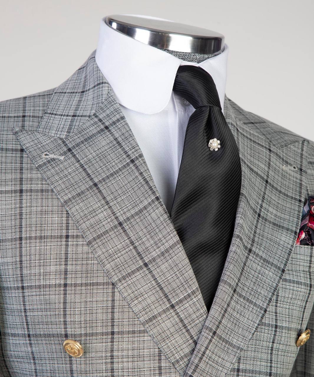 Gray Plaid Double-Breasted Jacket - detail view - The Third Gentleman