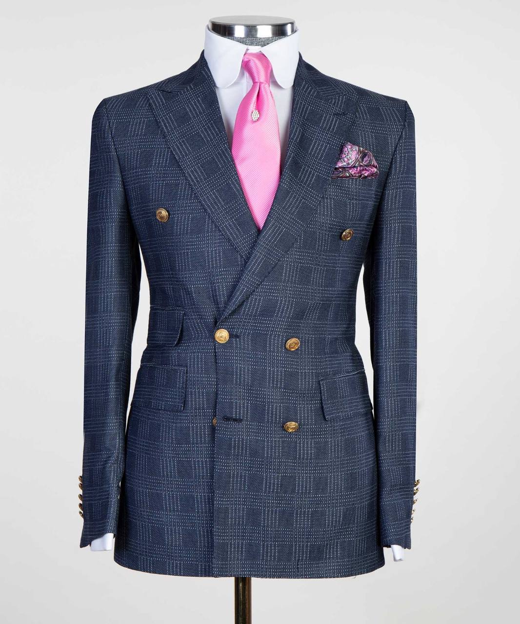 Dark Blue & White Plaid Double-Breasted Jacket | Signature Peak Lapel from The Third Gentleman
