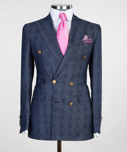 Dark Blue & White Plaid Double-Breasted Jacket | Signature Peak Lapel from The Third Gentleman