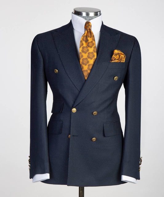 Deep Blue Birdseye Double-Breasted Jacket - front view - The Third Gentleman