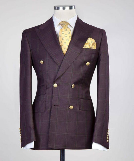 Royal Plum Windowpane Double-Breasted Jacket - front view - The Third Gentleman