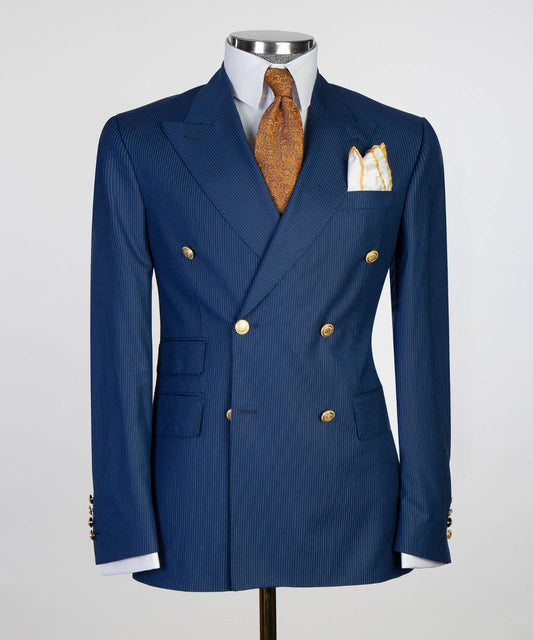 Azure Pinstripe Double-Breasted Jacket - front view - The Third Gentleman